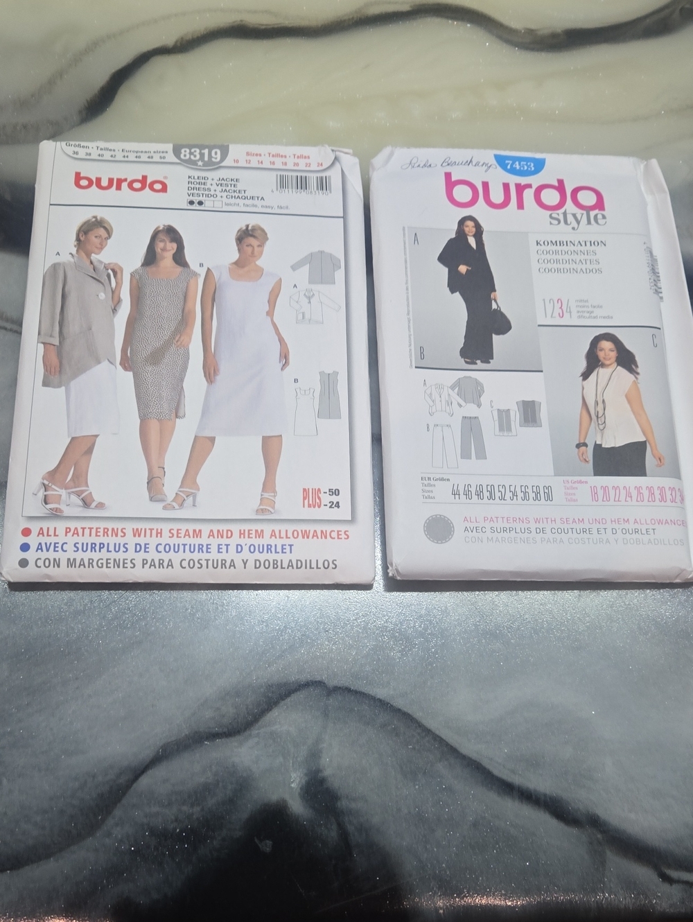Lot of 2 Burda Plus Size Sewing Patterns 8319 7453 Jacket Dress Pants